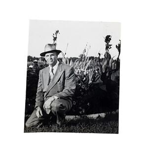 Vtg Man Posing in Front of Beautiful Garden Original Monochrome Photography